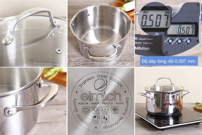 Bộ nồi chảo quánh inox nắp kính Elmich Premium EL3134 Màu Inox