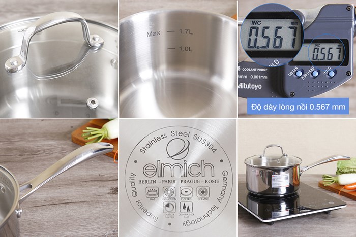Bộ nồi chảo quánh inox nắp kính Elmich Premium EL3134 Màu Inox