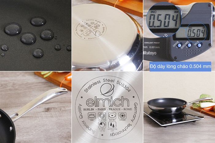 Bộ nồi chảo quánh inox nắp kính Elmich Premium EL3134 Màu Inox
