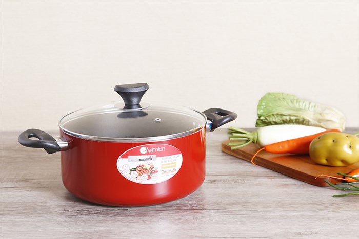 Bộ nồi chảo nhôm chống dính nắp kính Elmich EL1162 Màu Đỏ