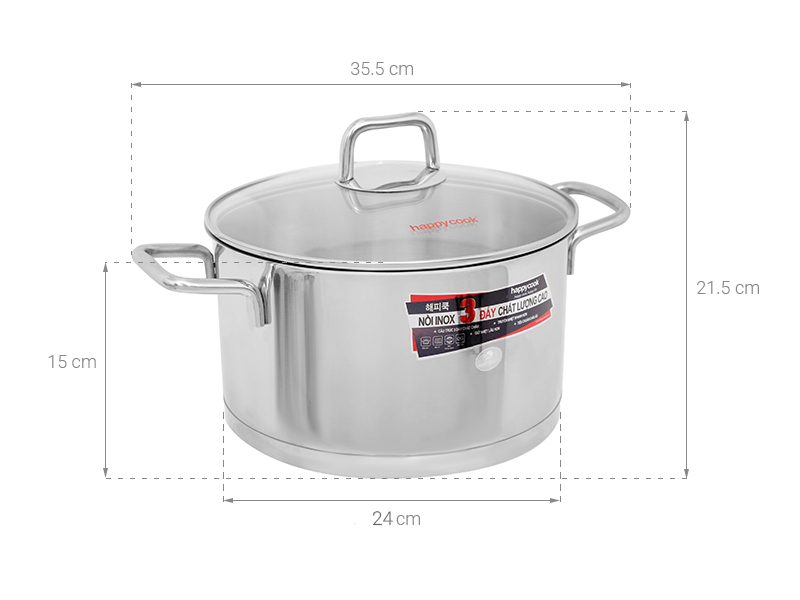 Nồi inox 3 đáy nắp kính 24 cm Happycook HC 24NV