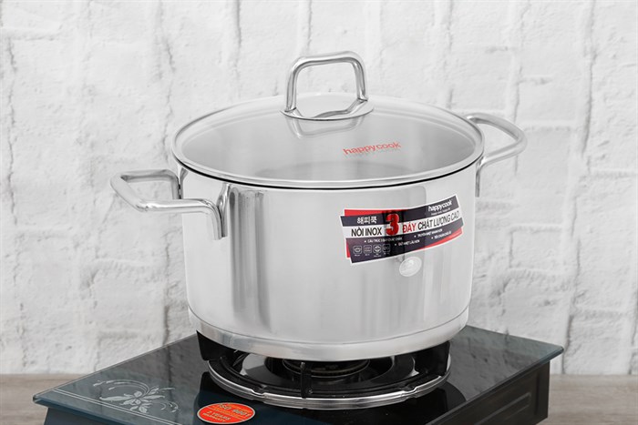 Nồi inox 3 đáy nắp kính 24 cm Happycook HC 24NV Màu Bạc