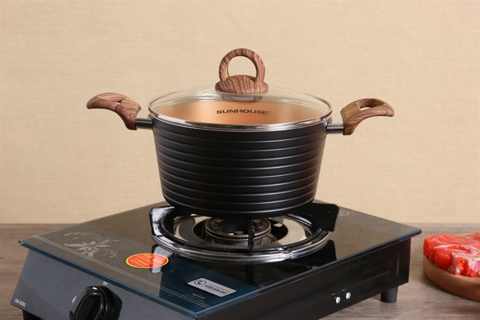 Nồi nhôm chống dính nắp kính 20 cm Sunhouse SHG2020MCA Màu Đen