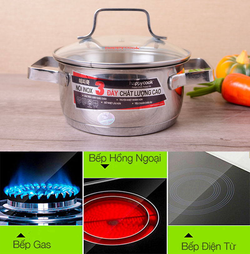 Nồi sử dụng tốt trên tất cả loại bếp - Nồi inox 3 đáy 16cm HappyCook N16 MLGP