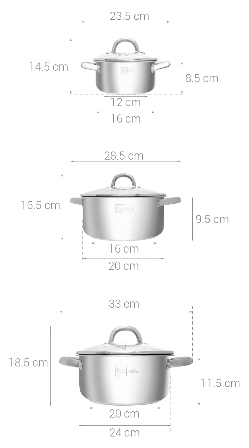 Thông số kỹ thuật Bộ 3 nồi inox 3 đáy nắp kính Fivestar FSB3IN004