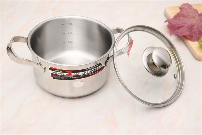 Nồi inox 3 đáy nắp kính 16 cm Happycook N16-NMG Màu Bạc Inox