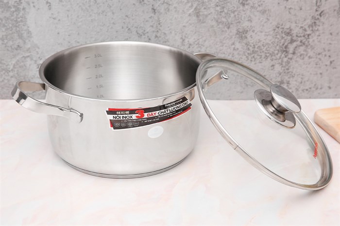 Nồi inox 3 đáy nắp kính 20 cm Happycook N20-NMG Màu Bạc Inox