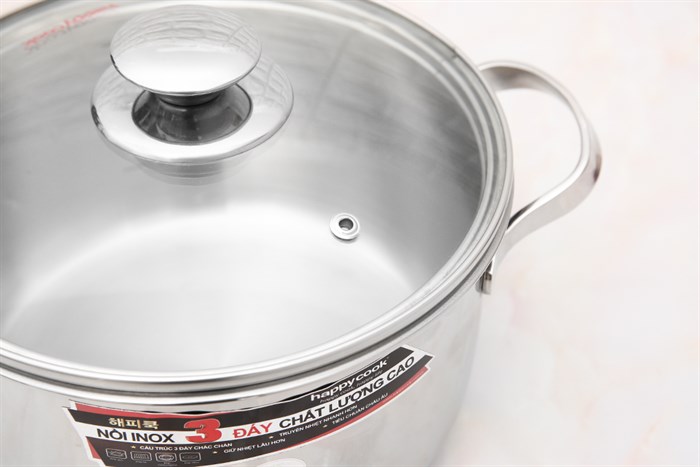 Nồi inox 3 đáy nắp kính 20 cm Happycook N20-NMG Màu Bạc Inox