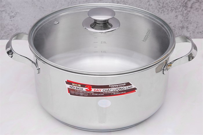 Nồi inox 3 đáy nắp kính 24 cm Happycook N24-NMG