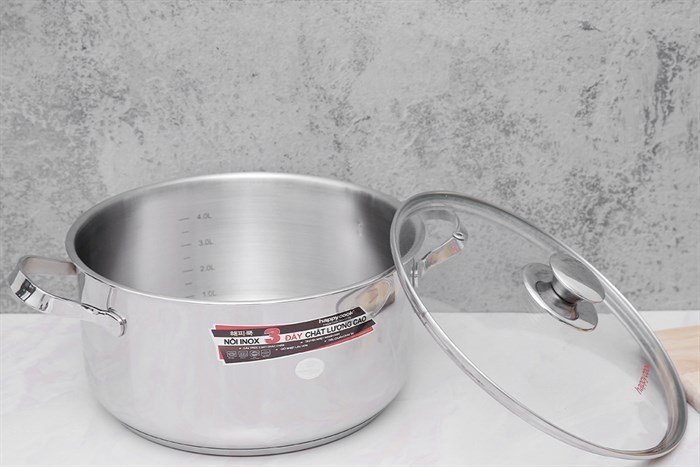 Nồi inox 3 đáy nắp kính 24 cm Happycook N24-NMG Màu Bạc Inox