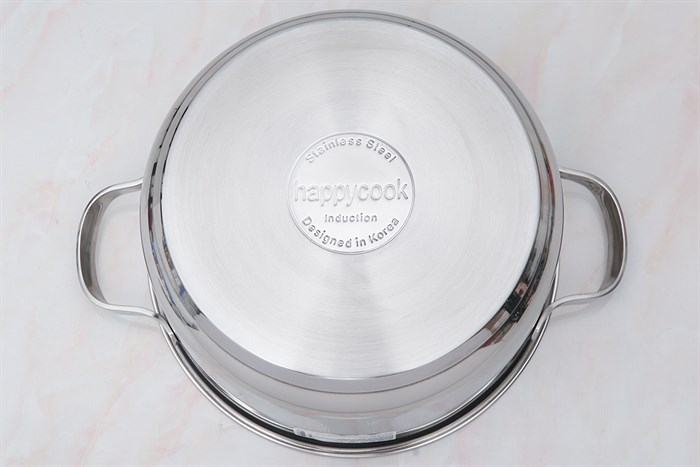Nồi inox 3 đáy nắp kính 24 cm Happycook N24-NMG Màu Bạc Inox