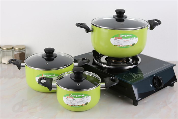 Bộ 3 nồi nhôm chống dính nắp kính Kangaroo KG993MX Màu Xanh lá
