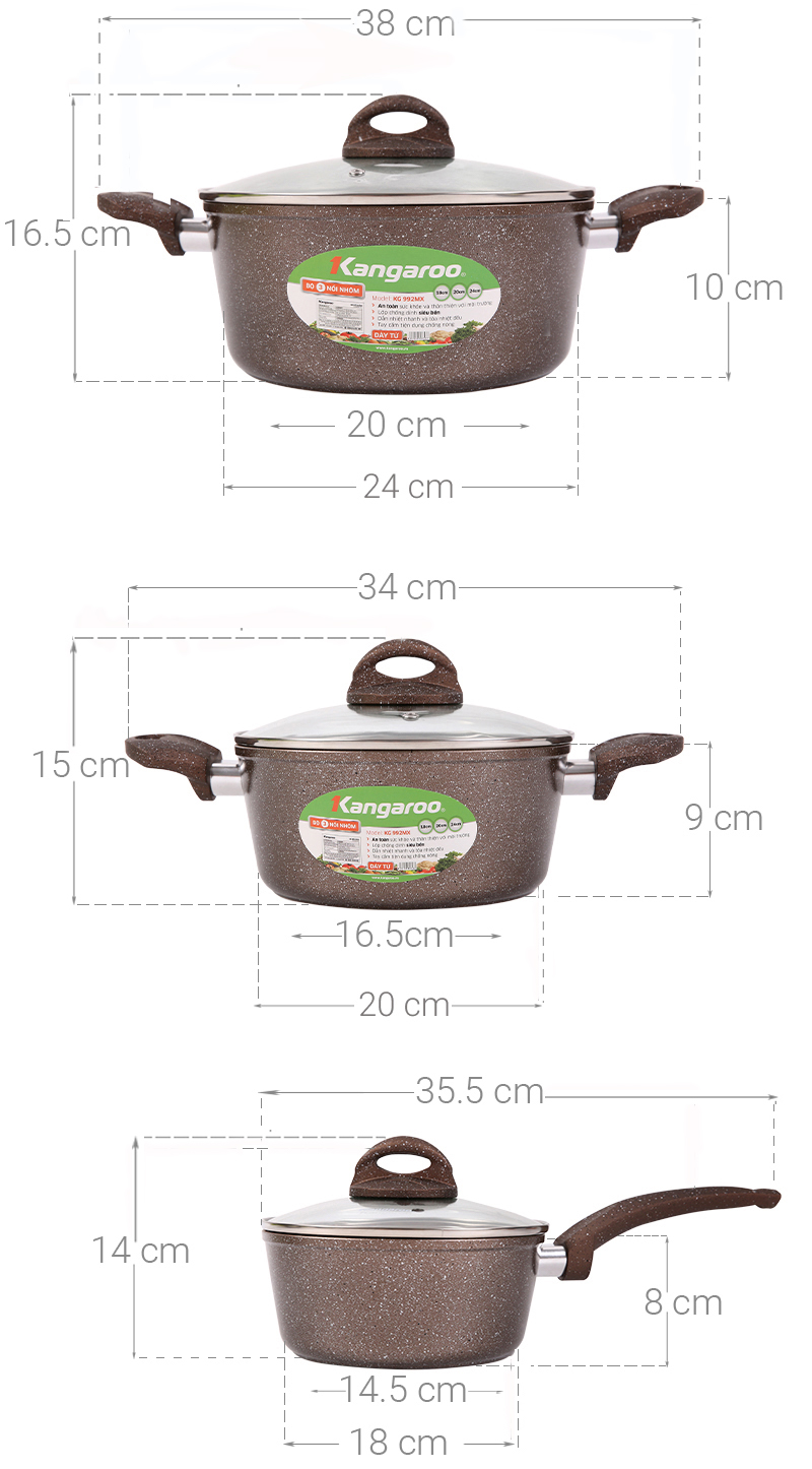 Bộ nồi quánh nhôm chống dính nắp kính Kangaroo KG992MX