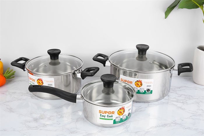 Bộ nồi quánh inox 3 đáy nắp kính Easycook Supor H20211-T1