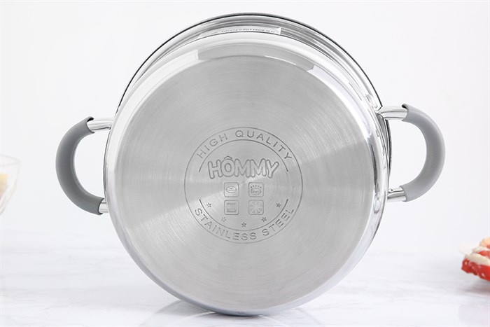 Nồi inox 3 đáy nắp kính 20 cm Hommy CW-S042-20 Màu Inox