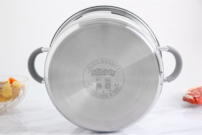 Nồi inox 3 đáy nắp kính 24 cm Hommy CW-S042-24 Màu Inox