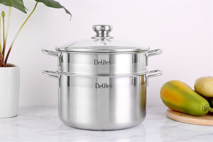 Bộ nồi xửng inox 1 đáy nắp kính 24 cm Delites XR001-24