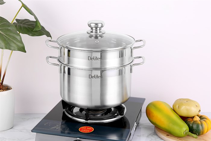 Bộ nồi xửng inox 1 đáy nắp kính 24 cm Delites XR001-24 Màu Bạc