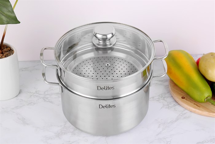Bộ nồi xửng inox 1 đáy nắp kính 24 cm Delites XR001-24 Màu Bạc