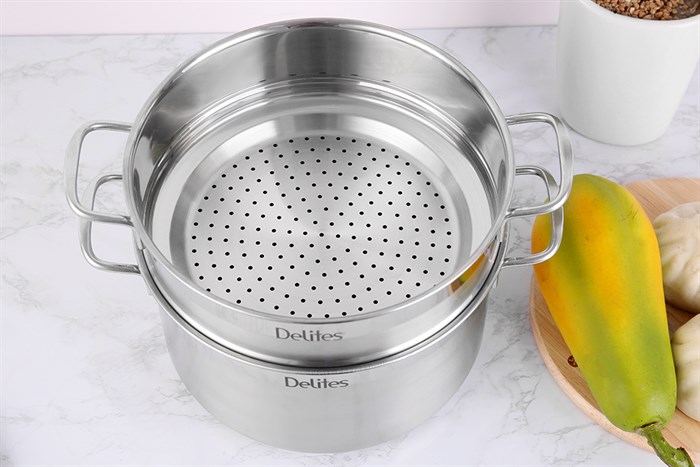 Bộ nồi xửng inox 1 đáy nắp kính 24 cm Delites XR001-24 Màu Bạc