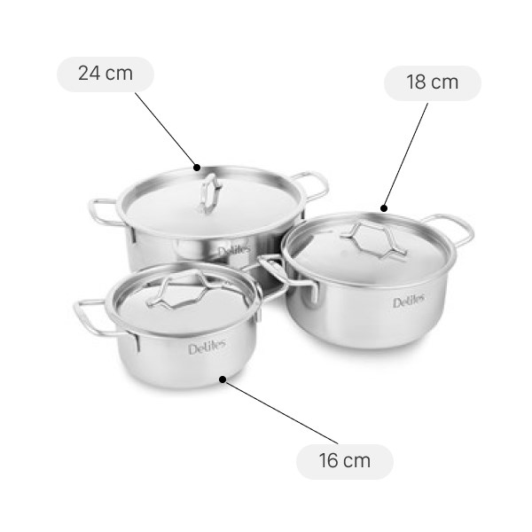 Bộ 3 nồi inox 1 đáy Delites NR002-B3