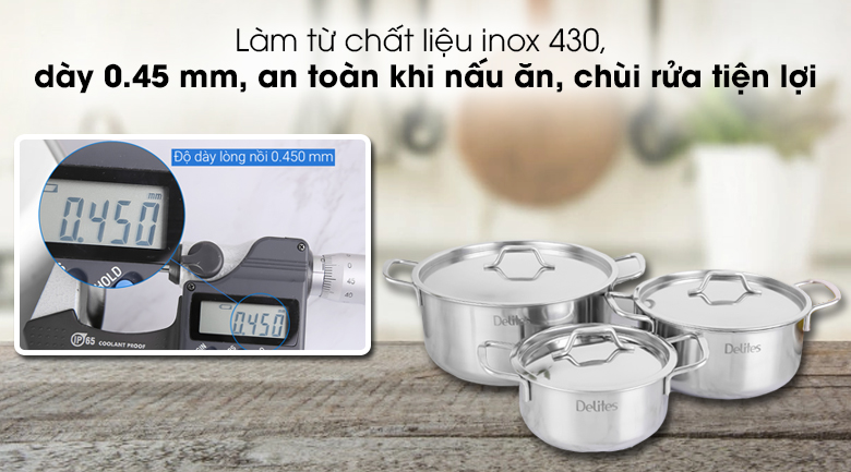 Bộ 3 nồi inox 1 đáy Delites NR002-B3 - Làm từ chất liệu inox 430