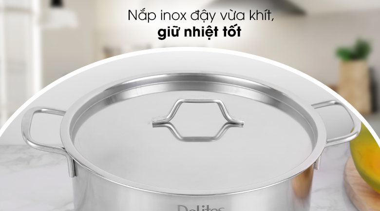 Bộ 3 nồi inox 1 đáy Delites NR002-B3 - Nắp inox dày dặn, đậy vừa khít, giữ nhiệt tốt cả trong và sau khi nấu