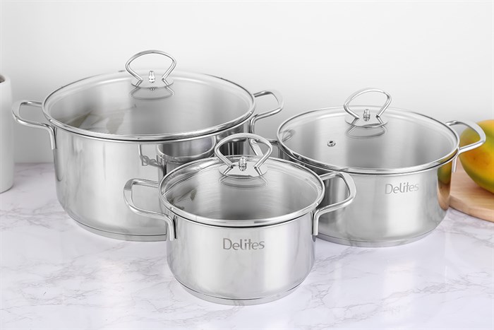 Bộ 3 nồi inox 3 đáy nắp kính Delites NR001-B3 Màu Bạc