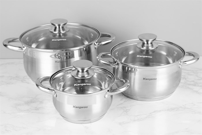 Bộ 3 nồi inox 5 đáy nắp kính Kangaroo KG878 Màu Bạc Inox