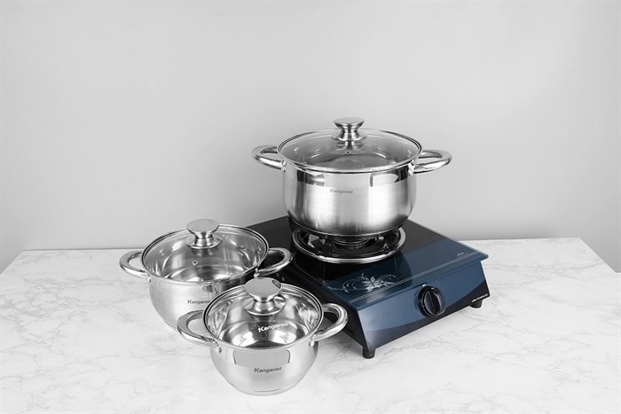Bộ 3 nồi inox 5 đáy nắp kính Kangaroo KG878 Màu Bạc Inox