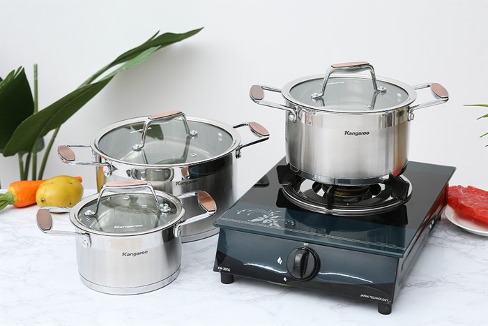 Bộ 3 nồi inox 5 đáy nắp kính Kangaroo KG3CS2 Màu Bạc Inox