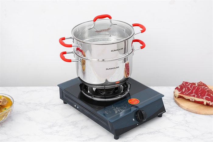 Bộ nồi xửng inox 5 đáy nắp kính 24 cm Sunhouse SHG507-24 Màu Bạc Inox