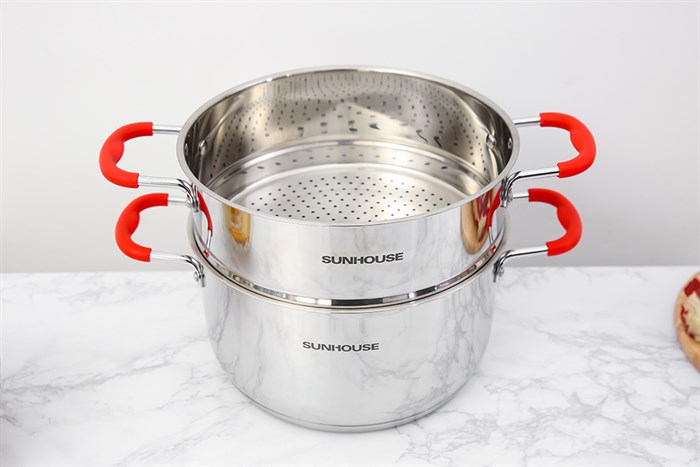 Bộ nồi xửng inox 5 đáy nắp kính 24 cm Sunhouse SHG507-24 Màu Bạc Inox