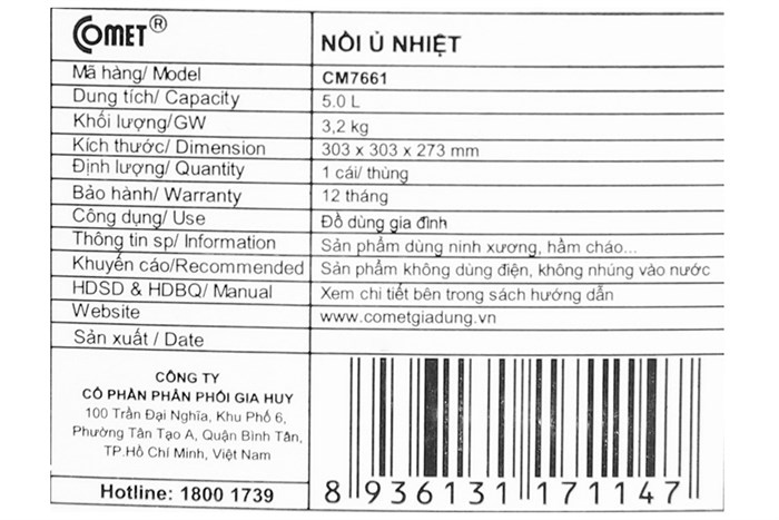 Nồi ủ nhiệt đa năng 5 lít Comet CM7661R Màu Đỏ