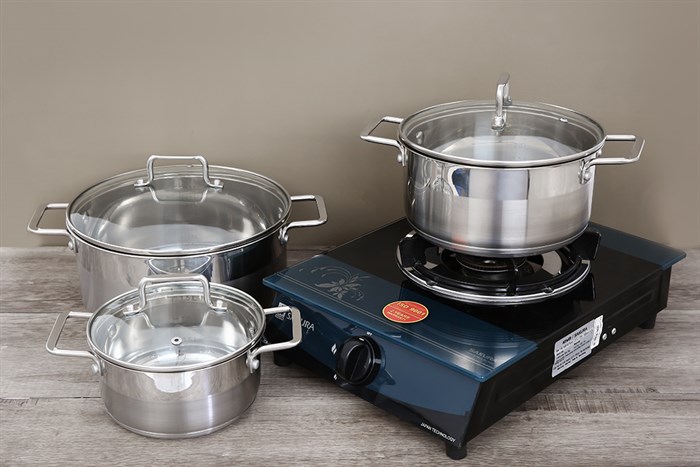 Bộ 3 nồi inox 3 đáy nắp kính Hommy BE005 Màu Bạc Inox