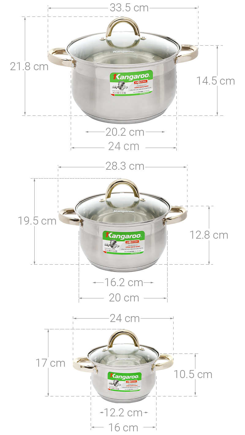 Bộ 3 nồi inox 5 đáy nắp kính Kangaroo KG866