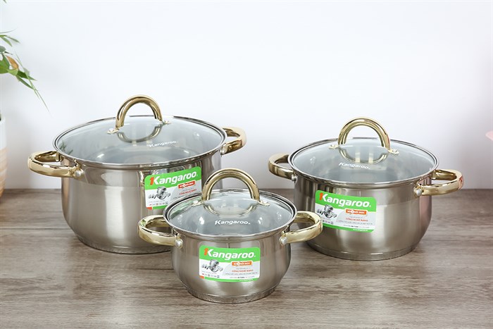 Bộ 3 nồi inox 5 đáy nắp kính Kangaroo KG866