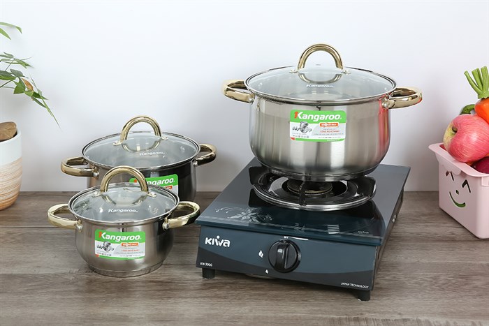 Bộ 3 nồi inox 5 đáy nắp kính Kangaroo KG866 Màu Inox