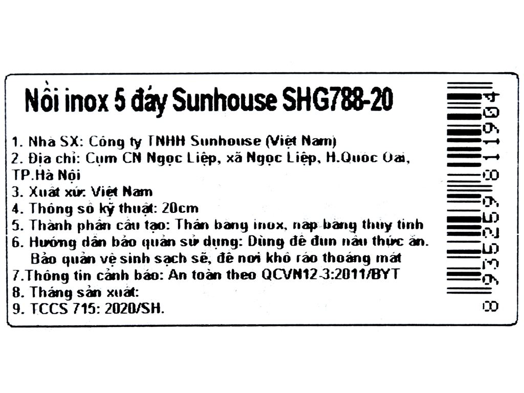 Nồi inox 5 đáy Sunhouse SHG788-20 20cm 8