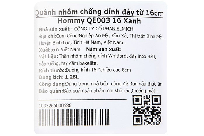Quánh nhôm chống dính nắp kính 16 cm Hommy QE003-16 Xanh Màu Xanh Dương