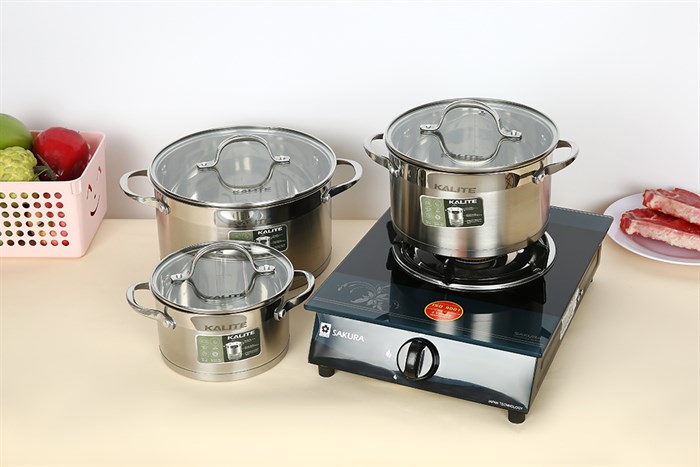 Bộ 3 nồi inox 5 đáy nắp kính Kalite KL-333 Màu Bạc Inox