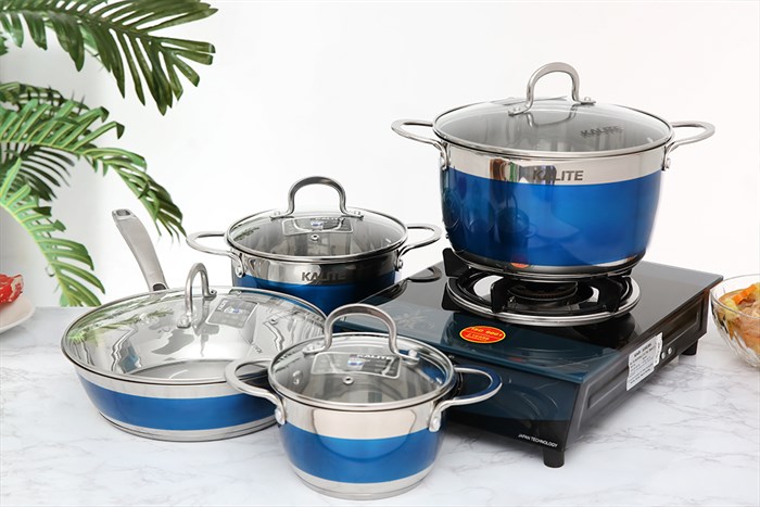 Bộ nồi chảo inox 5 đáy nắp kính Kalite KL-336 Màu Trắng - Xanh