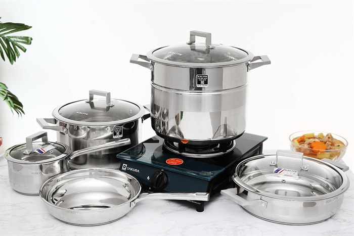 Bộ nồi chảo inox 5 đáy nắp kính Kalite KL-339 Màu Bạc Inox