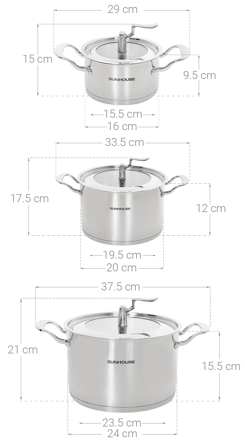 Bộ 3 nồi inox 5 đáy nắp kính Sunhouse SHG2503MSA