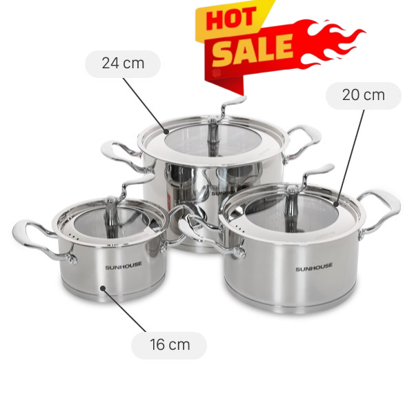 Bộ 3 nồi inox 5 đáy Sunhouse SHG2503MSA