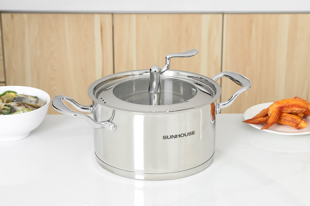 Bộ 3 nồi inox 5 đáy nắp kính Sunhouse SHG2503MSA Màu Bạc Inox