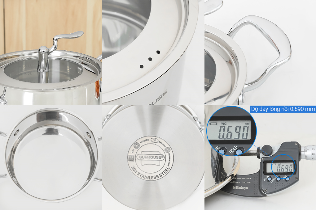 Bộ 3 nồi inox 5 đáy nắp kính Sunhouse SHG2503MSA Màu Bạc Inox