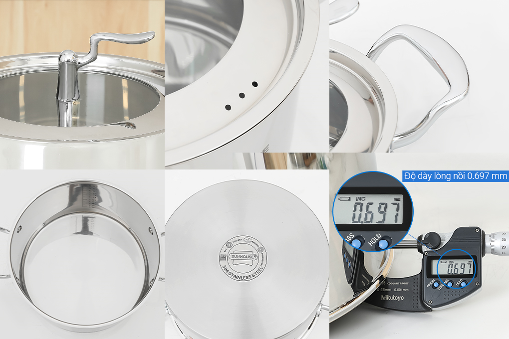 Bộ 3 nồi inox 5 đáy nắp kính Sunhouse SHG2503MSA Màu Bạc Inox