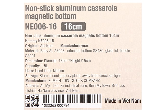 Nồi nhôm chống dính nắp kính 16 cm Hommy NE006-16 Màu Nâu nhạt