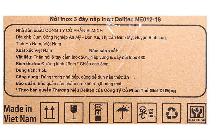 Nồi inox 3 đáy nắp inox 16 cm Delites NE012-16 Màu Inox